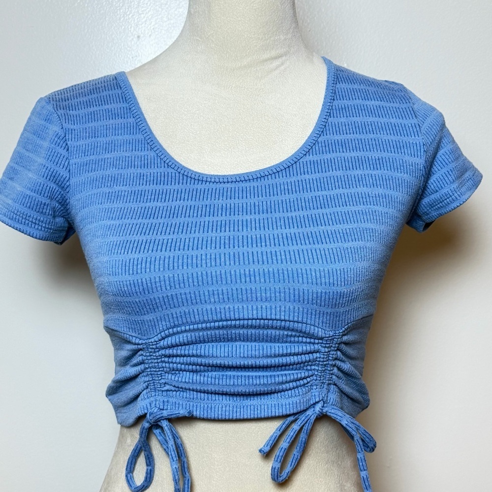 SO Blue Ruched Crop Top XS Ribbed Stretch Baby Tee Adjustable Side Tie Y2K